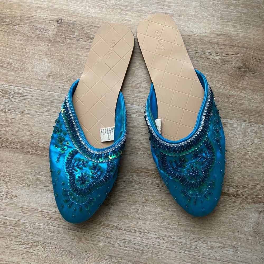 Turquoise Satin Jeweled Mule Slide